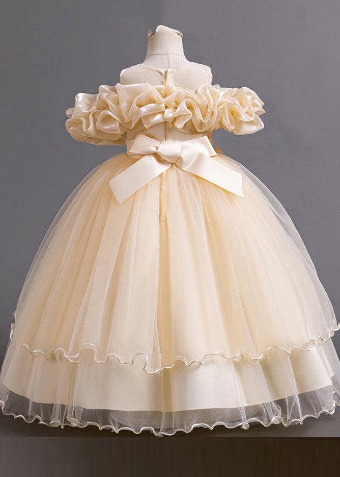 Classy Pink Embroideried Bow Tunic Tulle Girls Long Dress Short Sleeve YG018