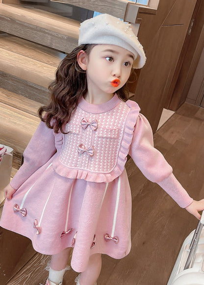 Classy Pink O-Neck Bow Patchwork Cotton Knit Girls Vacation Maxi Dresses Spring YE025