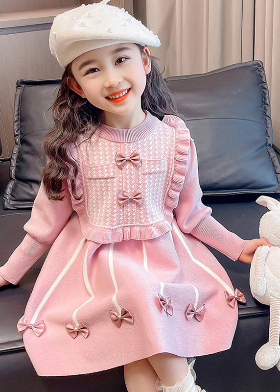 Classy Pink O-Neck Bow Patchwork Cotton Knit Girls Vacation Maxi Dresses Spring YE025