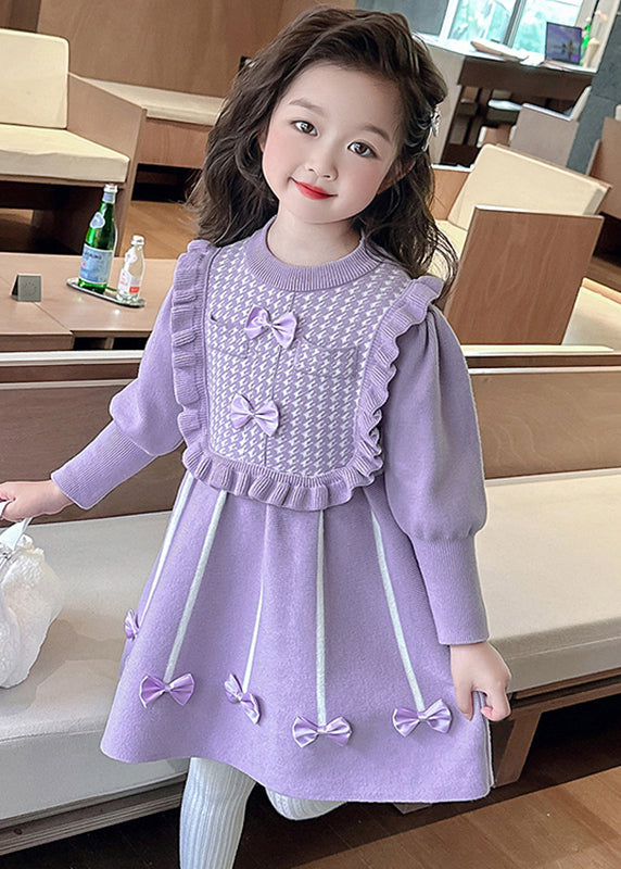 Classy Pink O-Neck Bow Patchwork Cotton Knit Girls Vacation Maxi Dresses Spring YE025