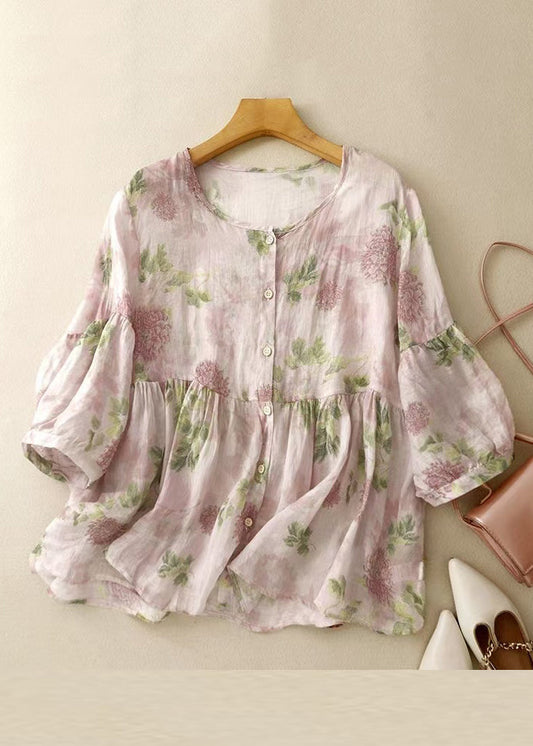 O Button Classy Neck Blouse Sleeve Bracelet Print Pink Cotton