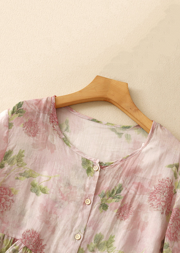 O Button Classy Neck Blouse Sleeve Bracelet Print Pink Cotton