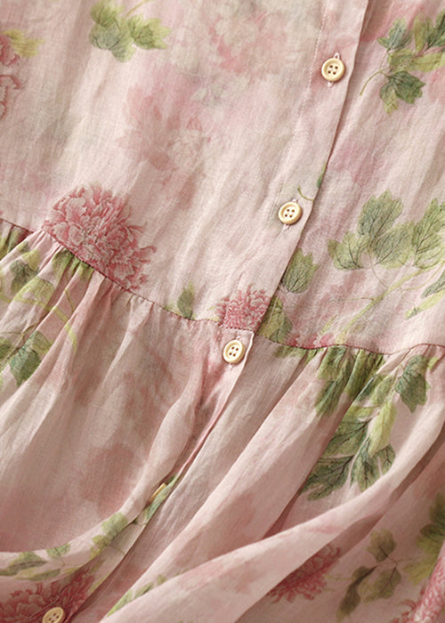 O Button Classy Neck Blouse Sleeve Bracelet Print Pink Cotton