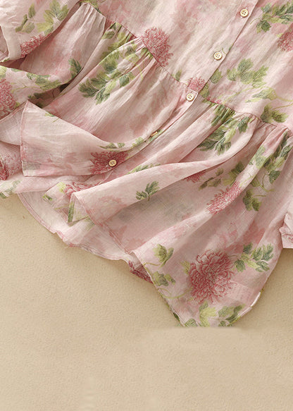 O Button Classy Neck Blouse Sleeve Bracelet Print Pink Cotton