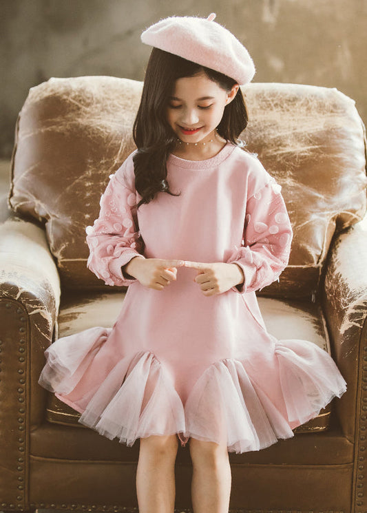 Classy Pink O-Neck Tulle Girls Long Pullover Dresses Spring TV025