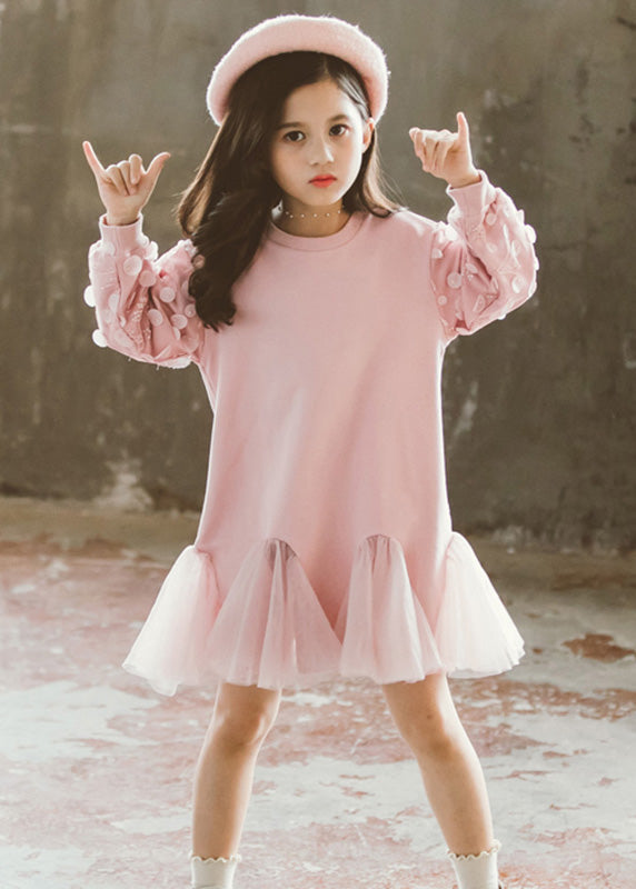 Classy Pink O-Neck Tulle Girls Long Pullover Dresses Spring TV025