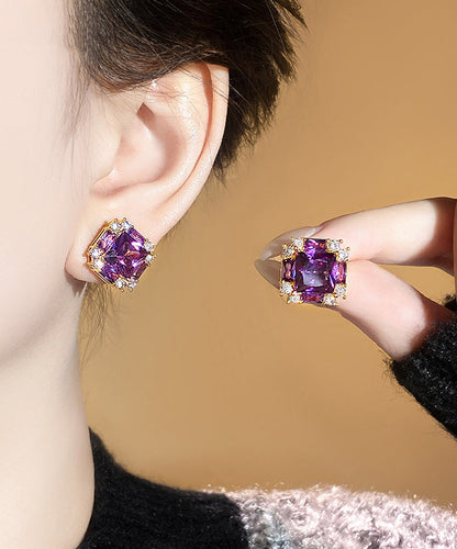 Crystal Copper Earrings Alloy Zircon Stud Classy Purple