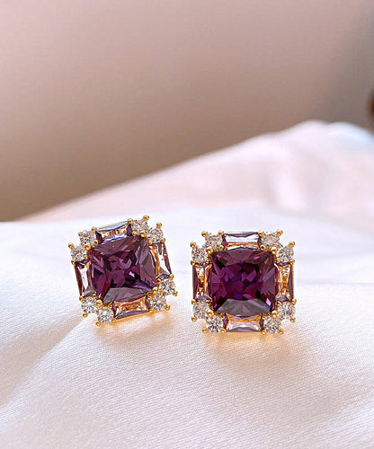 Crystal Copper Earrings Alloy Zircon Stud Classy Purple