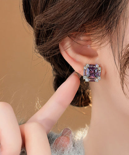Crystal Copper Earrings Alloy Zircon Stud Classy Purple