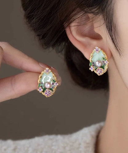 Stud Classy Pearl Overgild Floral Copper Earrings Rainbow