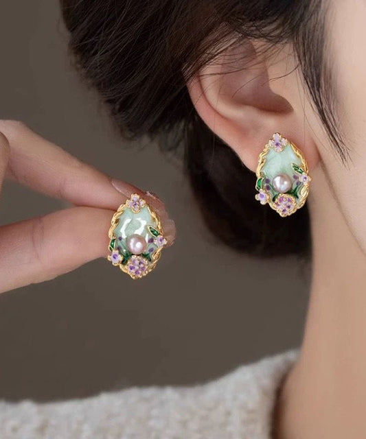 Stud Classy Pearl Overgild Floral Copper Earrings Rainbow