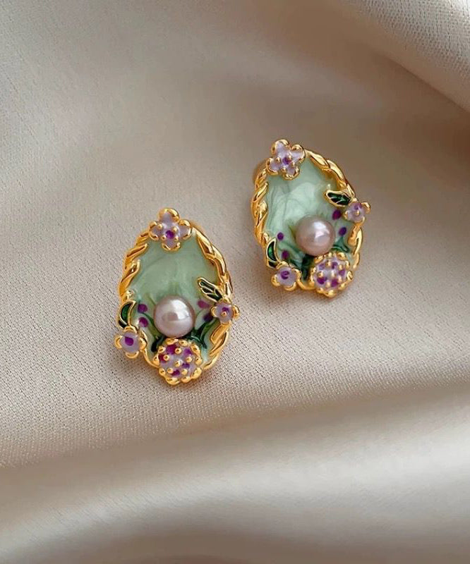 Stud Classy Pearl Overgild Floral Copper Earrings Rainbow