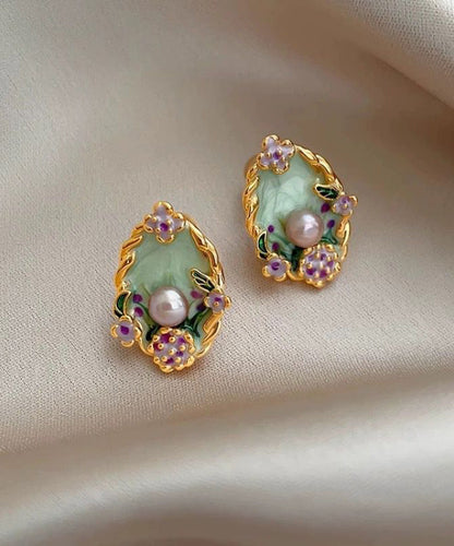 Stud Classy Pearl Overgild Floral Copper Earrings Rainbow