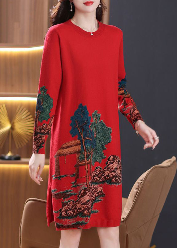 Classy Red O Neck Print Cozy Wool Knit Dress Spring TB017