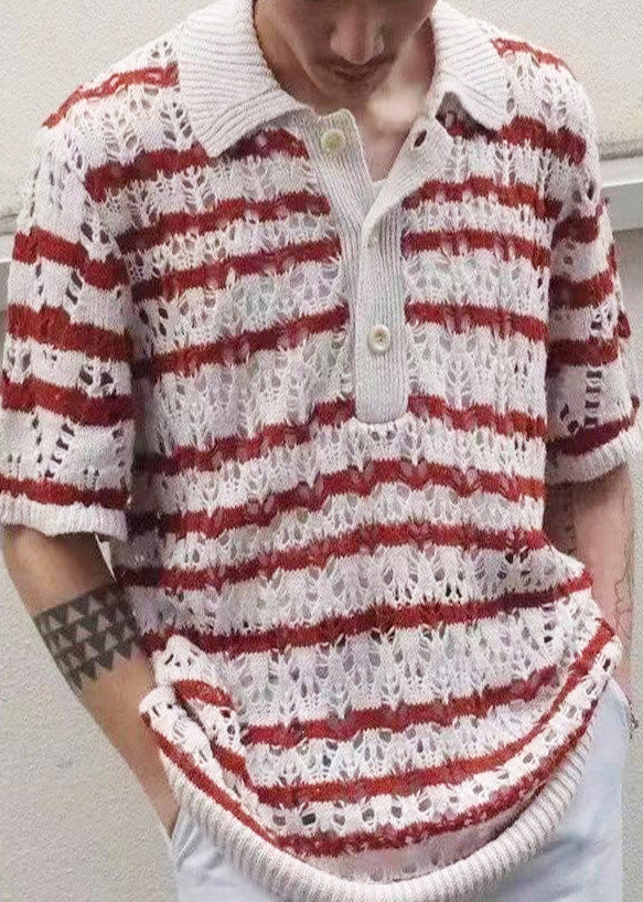 Classy Hollow Out Summer Red Knit Polo Mens Shirts Striped