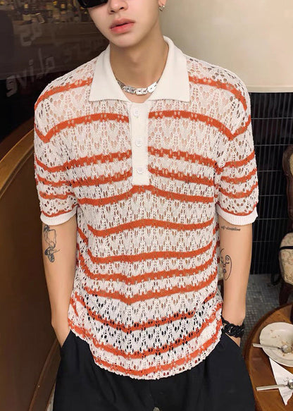 Classy Hollow Out Summer Red Knit Polo Mens Shirts Striped