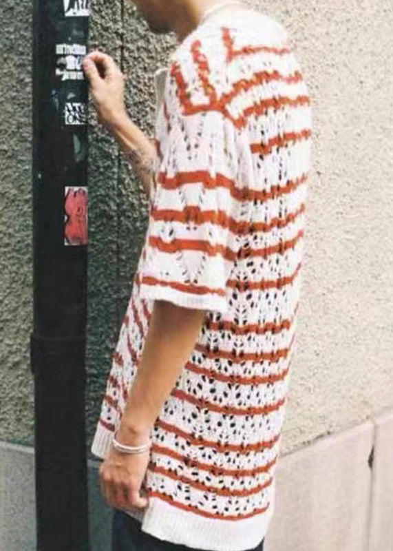 Classy Hollow Out Summer Red Knit Polo Mens Shirts Striped