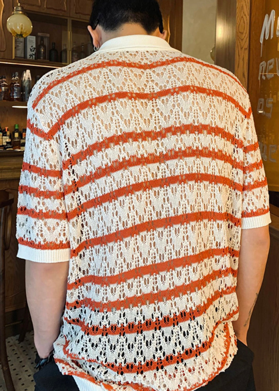 Classy Hollow Out Summer Red Knit Polo Mens Shirts Striped