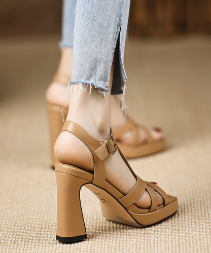 Splicing Black Toe Cowhide Classy Peep Leather Chunky Sandals