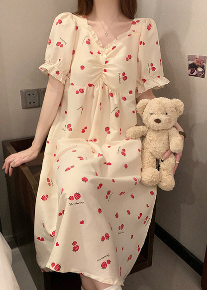 Classy Strawberry Print Ruffled Cotton Pajamas Dresses Butterfly Sleeve YK012