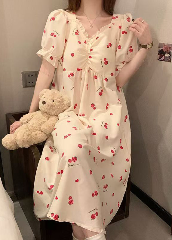 Classy Strawberry Print Ruffled Cotton Pajamas Dresses Butterfly Sleeve YK012