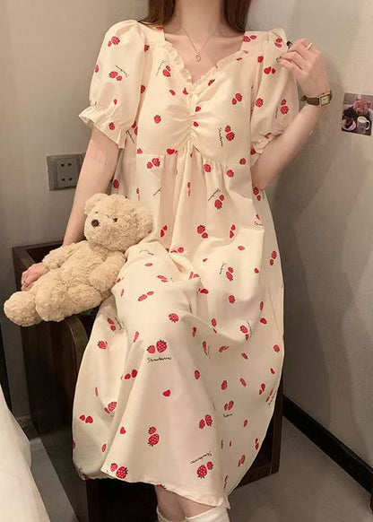 Classy Strawberry Print Ruffled Cotton Pajamas Dresses Butterfly Sleeve YK012