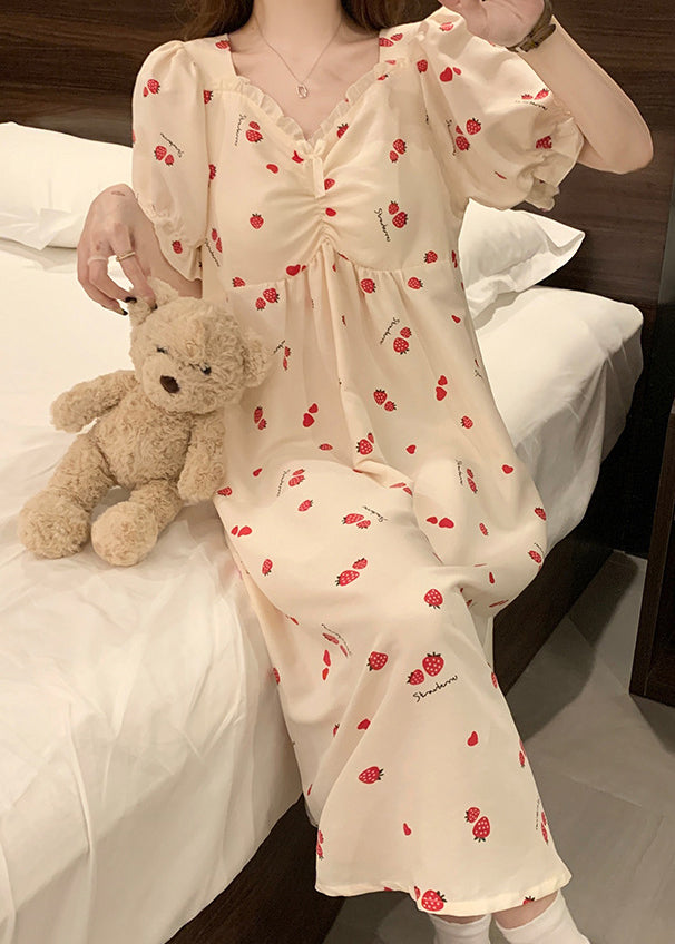 Classy Strawberry Print Ruffled Cotton Pajamas Dresses Butterfly Sleeve YK012