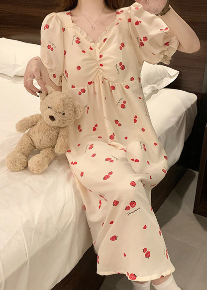 Classy Strawberry Print Ruffled Cotton Pajamas Dresses Butterfly Sleeve YK012