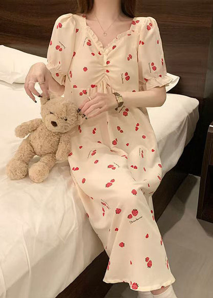 Classy Strawberry Print Ruffled Cotton Pajamas Dresses Butterfly Sleeve YK012