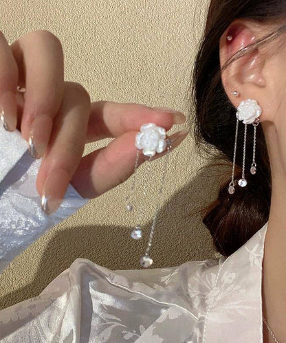 Alloy White Tassel Classy Earrings Crystal Drop Camellia