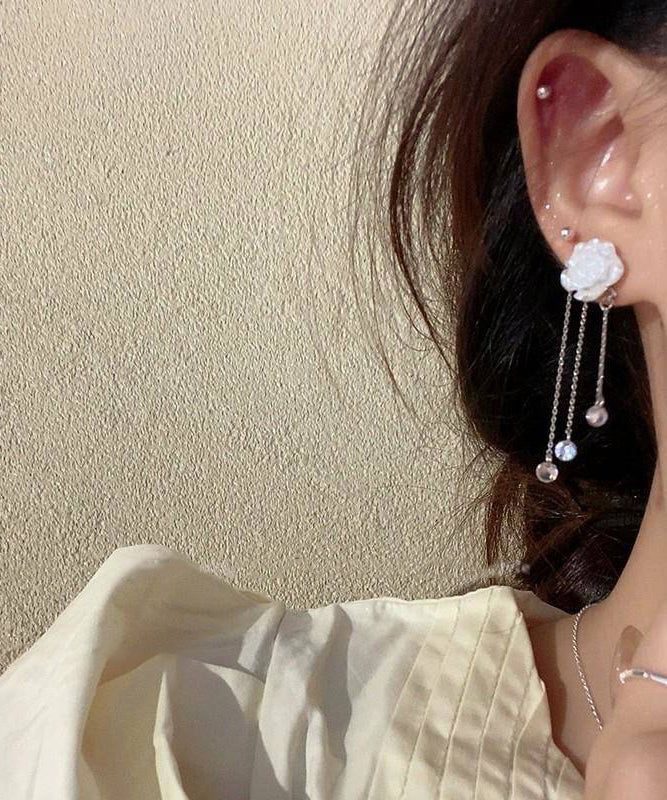 Alloy White Tassel Classy Earrings Crystal Drop Camellia