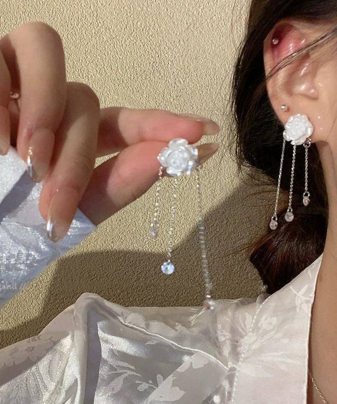 Alloy White Tassel Classy Earrings Crystal Drop Camellia