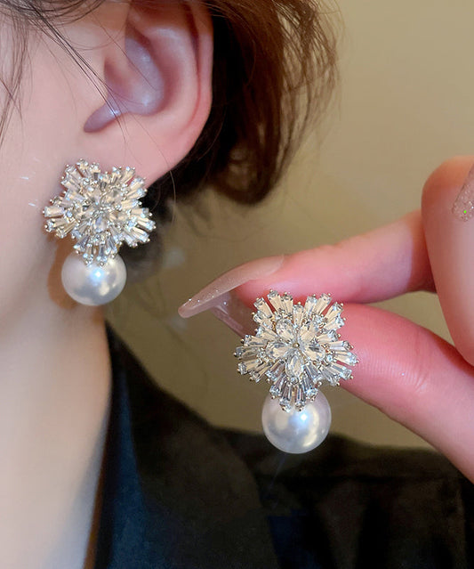 Classy White Alloy Zircon Pearl Snowflake Stud Earrings WI009