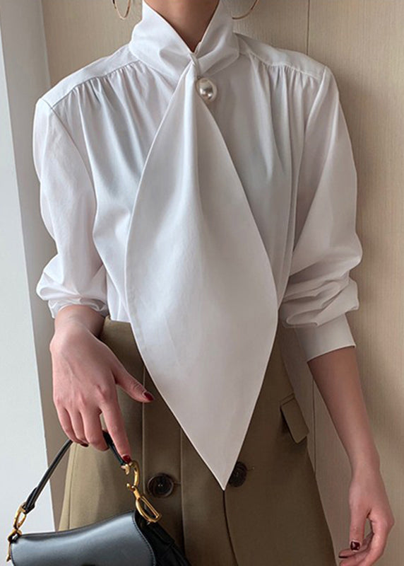 Cotton White Bow Patchwork Classy Shirts Spring