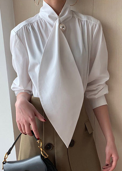 Cotton White Bow Patchwork Classy Shirts Spring