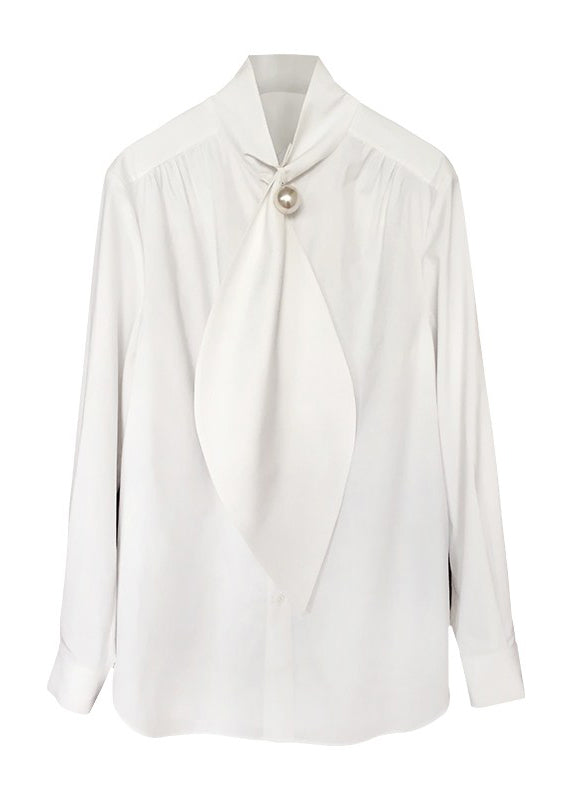 Cotton White Bow Patchwork Classy Shirts Spring