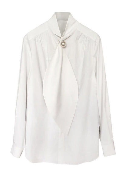 Cotton White Bow Patchwork Classy Shirts Spring