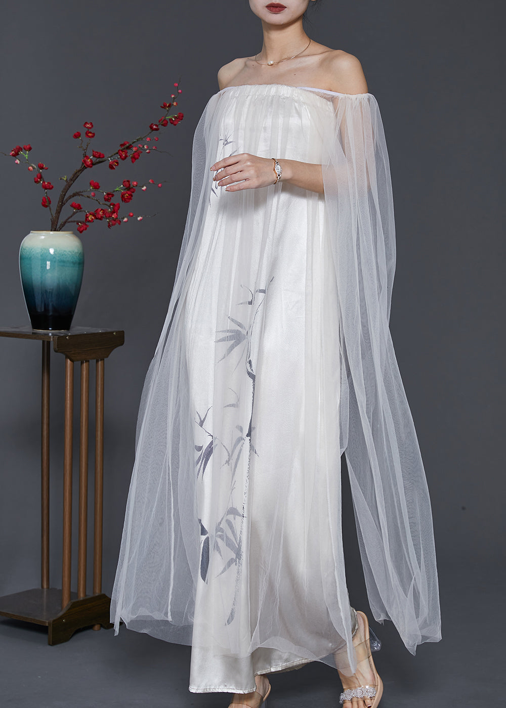 Classy White Cold Shoulder Patchwork Tulle Dress Summer SD1079