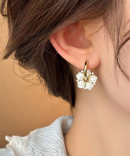 Classy White Copper Alloy Camellia Hoop Earrings WH036