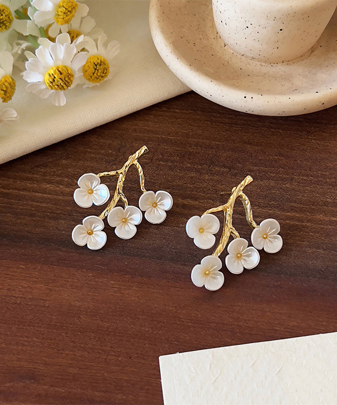 Blossom Classy Copper Stud Alloy White Earrings Peach Resin