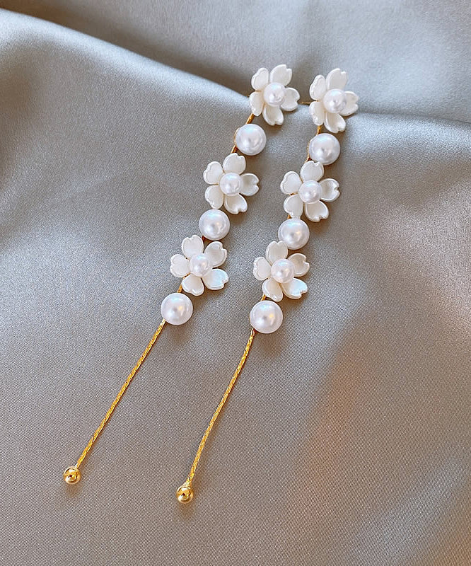 Earrings Pearl Drop Copper White Floral Classy Tassel