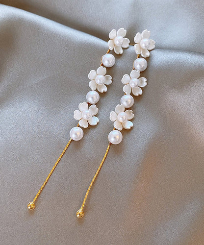 Earrings Pearl Drop Copper White Floral Classy Tassel
