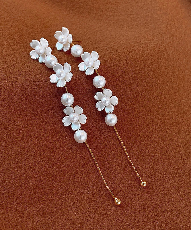 Earrings Pearl Drop Copper White Floral Classy Tassel