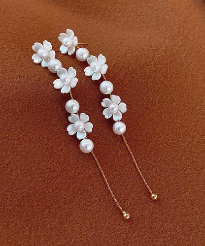 Earrings Pearl Drop Copper White Floral Classy Tassel