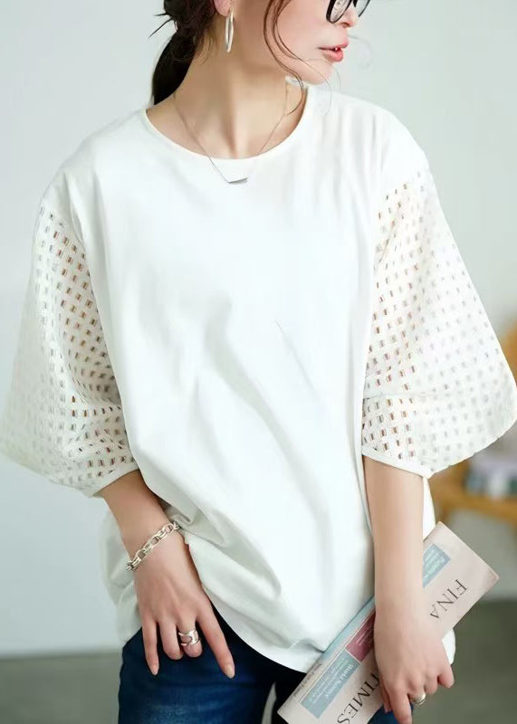 Cotton Out Oversized Tops Tank Hollow Patchwork White Classy