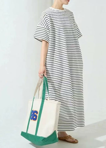 Classy Striped Dress Cotton Oversized Summer Maxi White