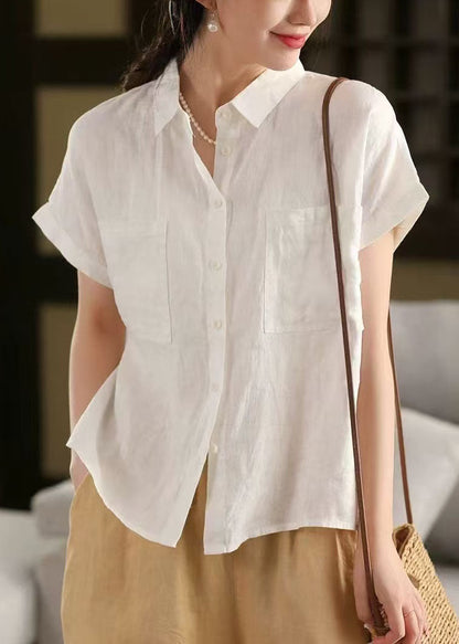 Classy Peter Shirt Linen Summer Collar White Pan Pockets Top