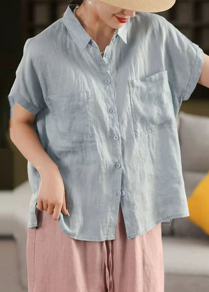 Classy Peter Shirt Linen Summer Collar White Pan Pockets Top