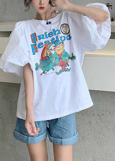 Classy Summer Cotton Sleeve Puff Tanks Print White