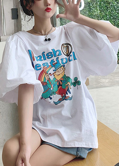 Classy Summer Cotton Sleeve Puff Tanks Print White